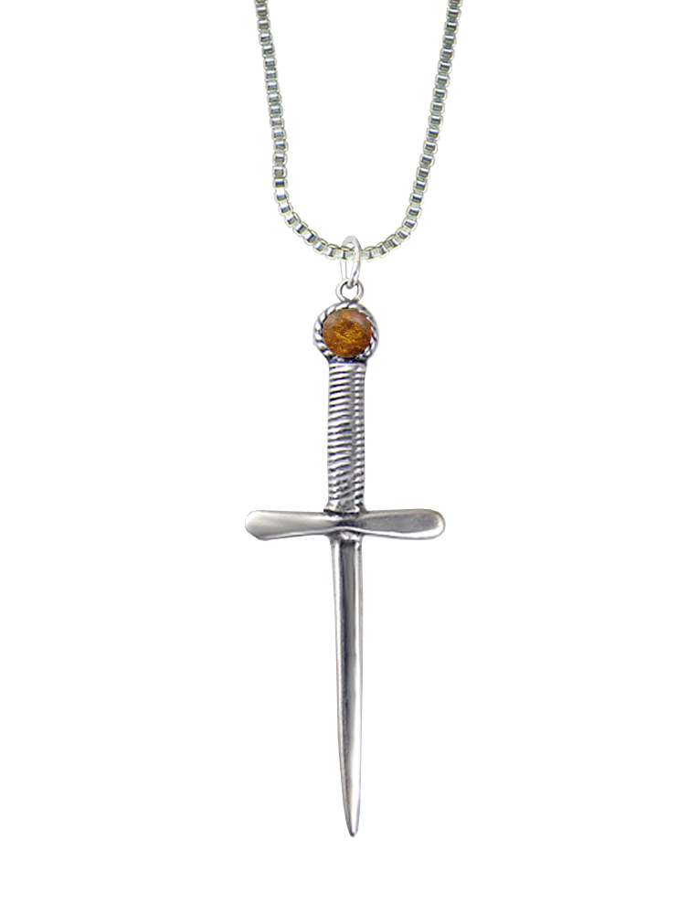 Sterling Silver Queen's Protector Knife Dagger Pendant With Amber